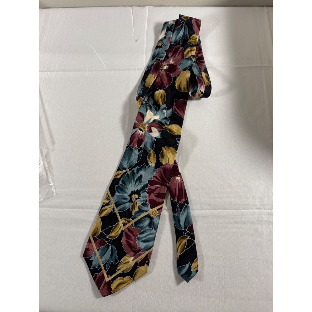 Chez Roffe New York Mens Silk Tie Black Floral Burgundy Teal Gold Geometric